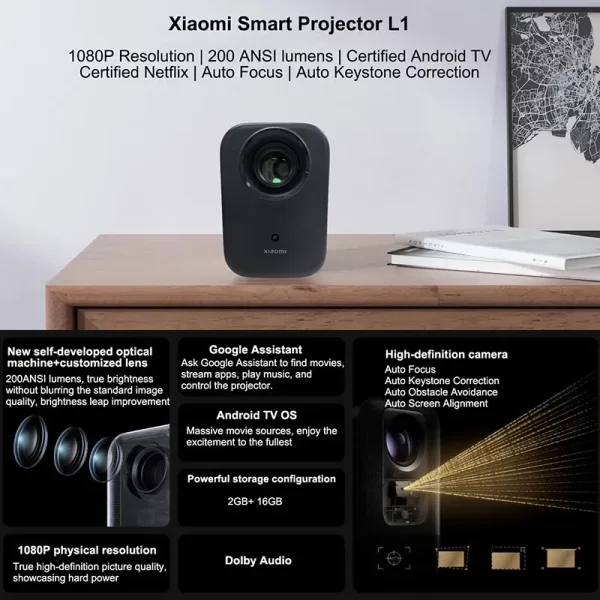 Xiaomi-Projecteur intelligent L1, 200 ANSI, Google TV, résolution 1080p, mise au point automatique et calcul trapézoïdal automatique, Google Assistant BTpig – Image 2