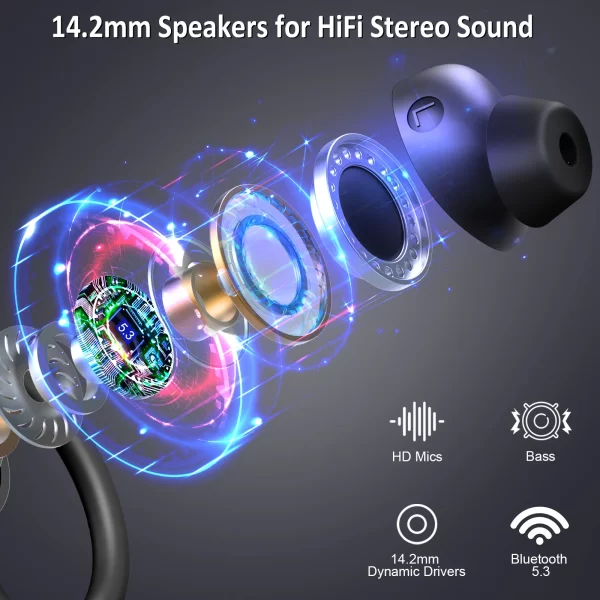 Écouteurs sans fil, écouteurs Bluetooth 5.3, basses stéréo, micro intra-auriculaires antibruit, écouteurs IP7 étanches pour sport, lecture 40H. – Image 2